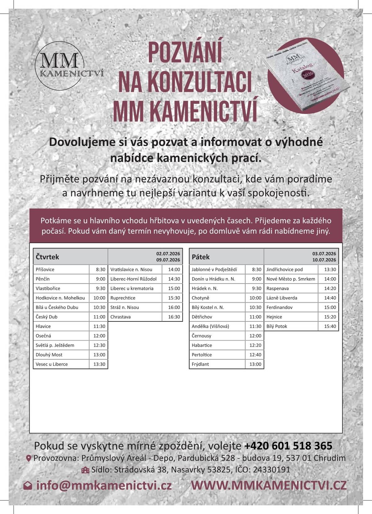 Dne 10. 7. 2026 bude na místním hřbitově ve 14:20 poskytovat kamenické služby firma MM KAMENICTVÍ s.r.o.