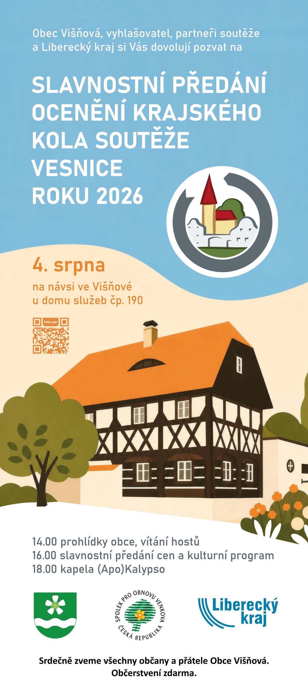 Srdečně zveme všechny občany a přátele Obce Višňová na slavnostní předání ocenění krajského kola soutěže Vesnice roku 2026.