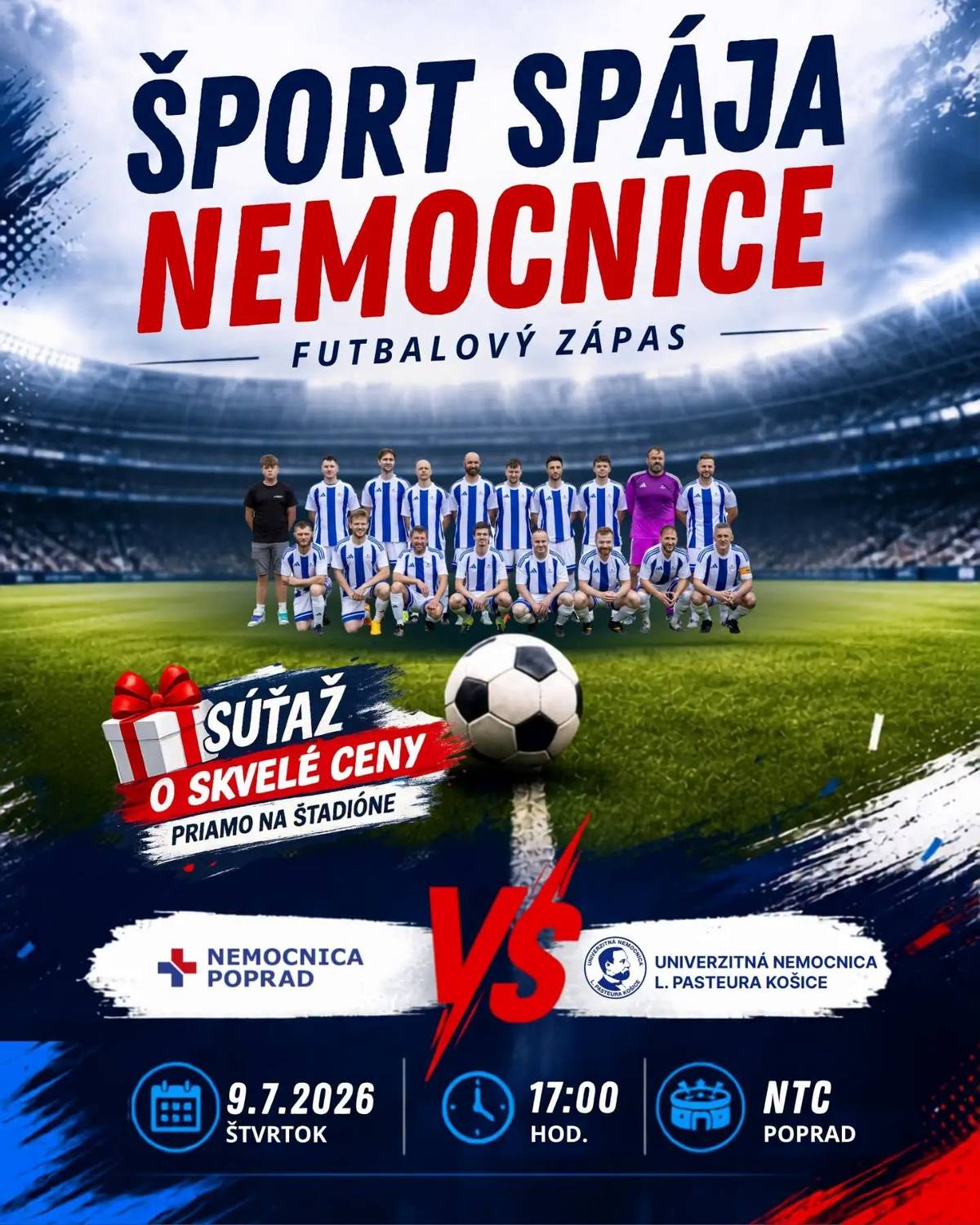🏥Nemocnica Poprad nadväzuje na zaujímavú tradíciu futbalových zápasov zdravotníkov. Na priateľský futbalový zápas si pozvala do Popradu zástupcov Univerzitnej nemocnice L. Pasteura z Košíc. ⚽Priateľský futbalový zápas medzi tímami Nemocnice Poprad a Univerzitnej nemocnice L. Pasteura Košice sa odohrá už dnes – vo štvrtok 9. júla o 17. hodine na ihrisku NTC Poprad. 👨⚕️Táto tradícia spája kolegov z rôznych nemocníc a pripomína, že popri pracovných povinnostiach je priestor aj na šport, priateľstvo a vzájomný rešpekt. Počas pracovných dní stoja hráči oboch mužstiev pri pacientoch, v operačných sálach, ambulanciách či oddeleniach. Dnes však na chvíľu odložili biele plášte a obliekli si futbalové dresy, aby ukázali, že šport dokáže spájať ľudí rovnako silno, ako ich každodenná práca. 👌Dnešný zápas nebude len o góloch a výsledku. Bude predovšetkým o priateľstve, vzájomnom rešpekte, dobrej atmosfére a myšlienke, že aj medzi nemocnicami môže šport vytvárať nové partnerstvá a tradície. 👉Nebude chýbať športové nasadenie, výborná atmosféra s spoločné zážitky. Počas polčasovej prestávky bude pre divákov pripravená súťaž o atraktívne ceny. Prídete si užiť takýto netradičný futbalový podvečer? 😉