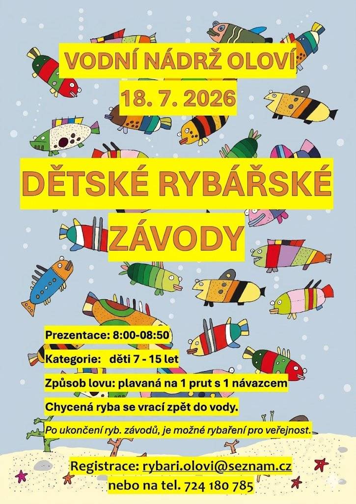 🎣 Přijďte si užít Rybářský den v Oloví! 🌞 Srdečně Vás zveme v sobotu 18. července 2026 k vodní nádrži v Oloví na den plný zábavy pro malé i velké. 🐟 Od 8:00 odstartují dětské rybářské závody pro děti ve věku 7–15 let. Čeká je přátelské soupeření, krásné ceny a hlavně radost z rybaření. Po skončení závodů bude navíc možnost rybaření i pro veřejnost. 🎸 Od 17:00 se pak můžete těšit na pohodový večer pod širým nebem s kapelou Bikers Band, která zahraje známé hity. Chybět nebude občerstvení a ve 21:00 proběhne také slosování tomboly. Přijďte strávit příjemný letní den s rodinou, přáteli i ostatními milovníky rybaření a dobré muziky. Těšíme se na vás!
