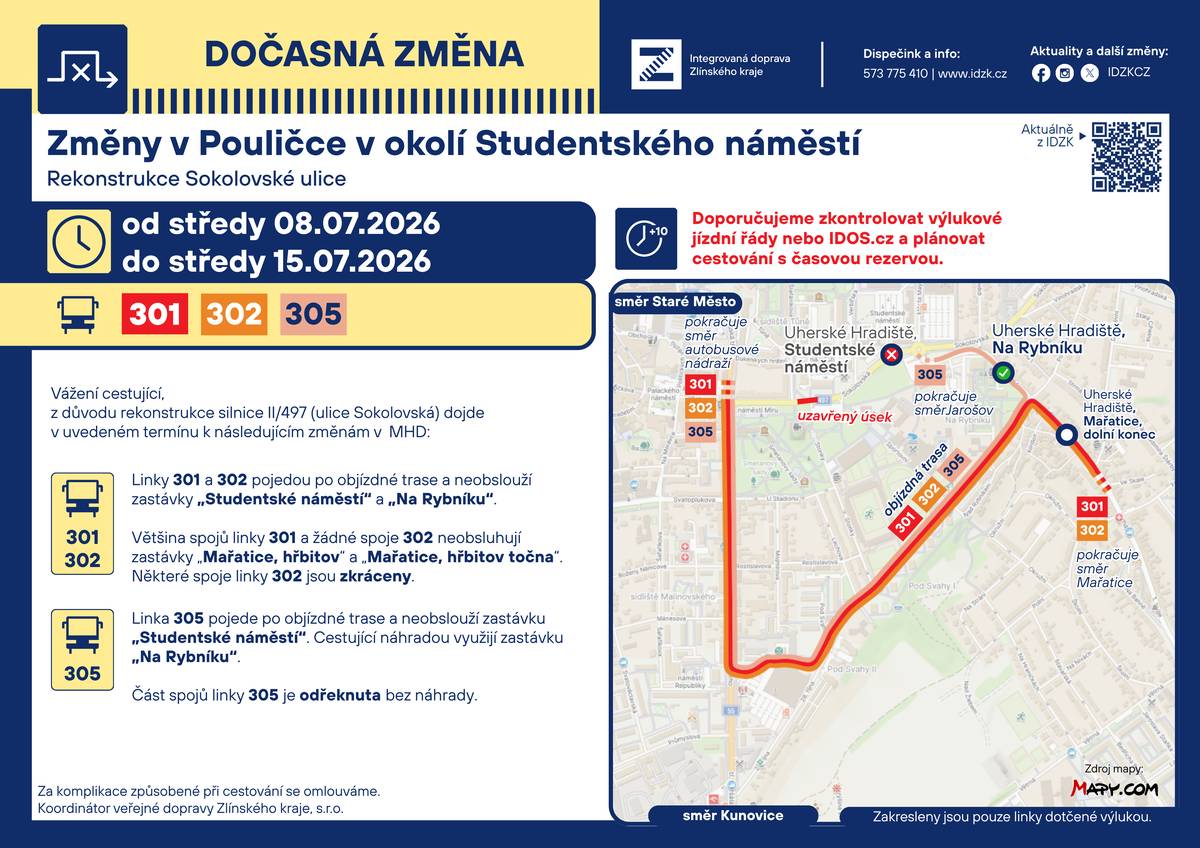 Správa a údržba silnic Slovácka, s. r. o., jako zhotovitel stavby informuje, že z důvodu opravy komunikace po havárii vody dojde k úplné uzavírce silnice II/497 v ulici Sokolovská (naproti kina Hvězda).   Předpokládaný termín realizace stavebních prací:  8. 7. 2026 – 15. 7. 2026 Autobusová doprava: Autobusová zastávka „Uherské Hradiště, Studentské náměstí“ bude po dobu opatření dočasně přemístěna na stávající autobusové zastávky „Uherské Hradiště, Na Rybníku“, a to v obou směrech. Informace pro chodce: Přechod pro chodce a chodník ve směru na Zlín budou v místě stavby uzavřeny. Pro chodce je navržena obchozí trasa. Objízdná trasa:  Objízdná trasa bude vedena po silnicích I/55, III/05014 a místních komunikacích ulic Větrná, 1. máje a silnici II/497. Bude vyznačena v obou směrech. Stavební práce budou probíhat za úplného omezení provozu, proto je navržena objízdná trasa pro osobní i nákladní vozidla.