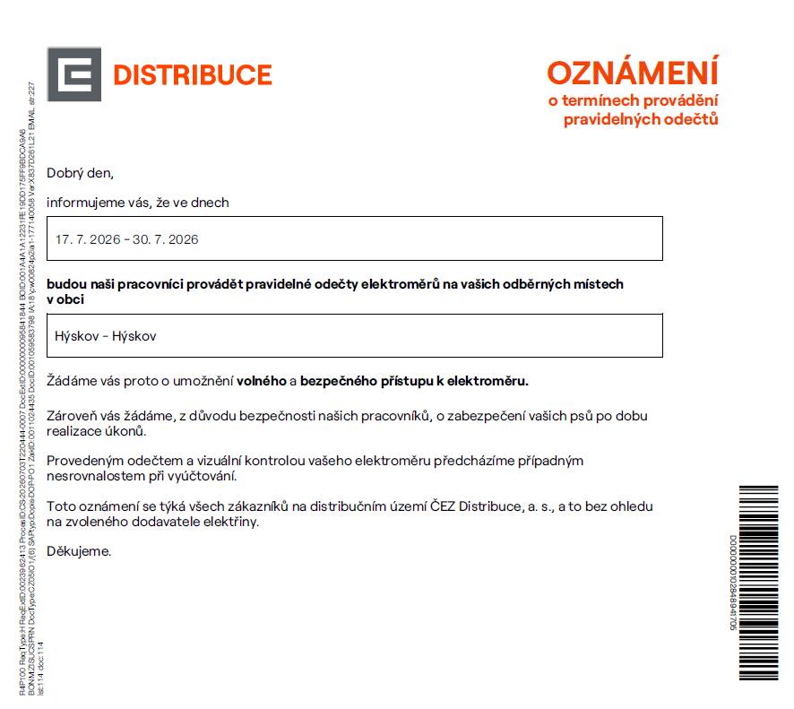 Ve dnech 17.7.-30.7.2026 budou probíhat pravidelné odečty elektroměrů.