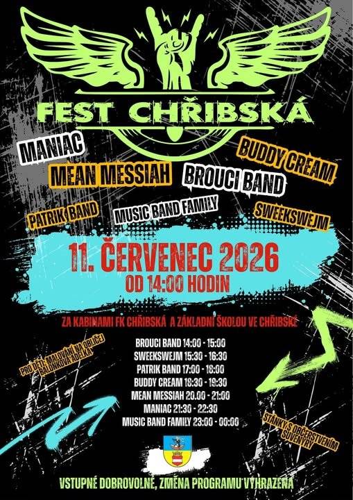 Tuto sobotu, 11. července jste všichni srdečně zváni na Fest Chřibská. Tradiční hudební festivatl se z důvodu zvýšeného silničního provozu tentokrát koná v prostorách zahrady Základní školy ve Chřibské. Těšit se můžete na vystoupení sedmi kapel, doprovodný program pro děti a samožřejmě výborné občerstvení a stánky se suvenýry. Akce začíná ve 14:00 hodin a hrát se bude až do půlnoci.