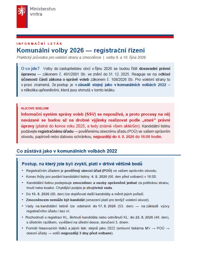 Informační leták z MV pro zájemce o kandidaturu do komunálních voleb 2026.