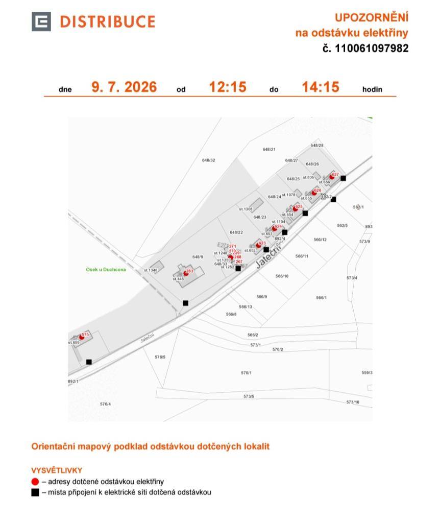 Oznámení o přerušení dodávky elektrické energie - ul. Jateční č.p. 283, 575, 623-627 a parcelní č. 562/1, 1250. Od 12:15 do 14:50 hod.