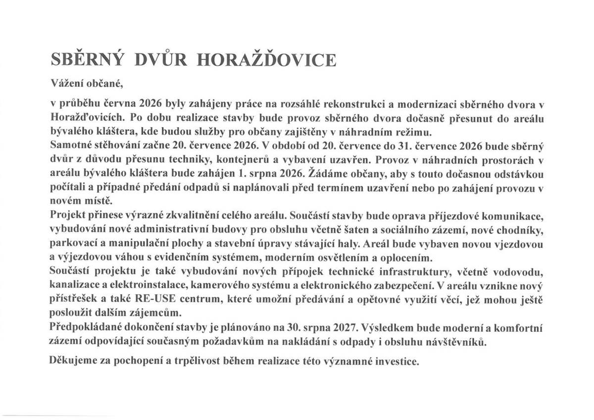 Dočasný přesun sběrného dvora v Horažďovicích do náhradních prostor v areálu bývalého kláštera