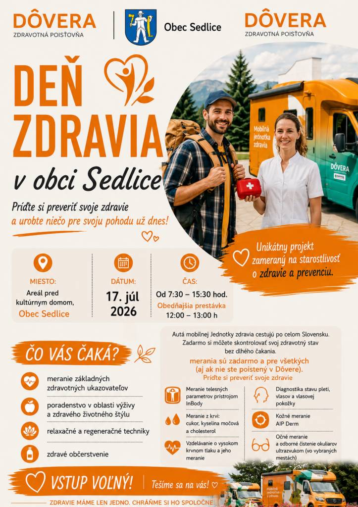 Obec Sedlice pozýva na bezplatné meranie zdravotného stavu. Mobilná jednotka zdravia sa zastaví pred kultúrnym domom 17. júla 2026, kde si môžete skontrolovať základné zdravotné ukazovatele.