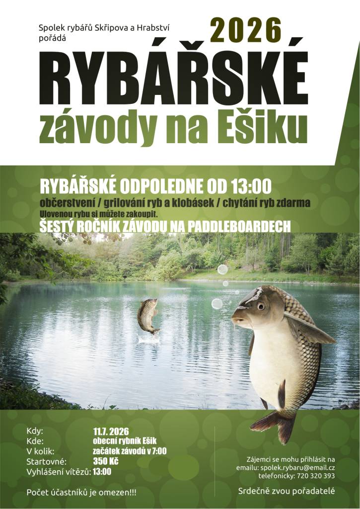 Již tuto sobotu jste zváni na rybářské závody na Ešiku od 13:00 je zajištěno občerstvení - grilované ryby a klobásky, možnost si zakoupit ulovenou rybu. Těšit se můžete i na 6.ročník závodu na paddleboardech. Srdečně Vás zvou pořadatelé