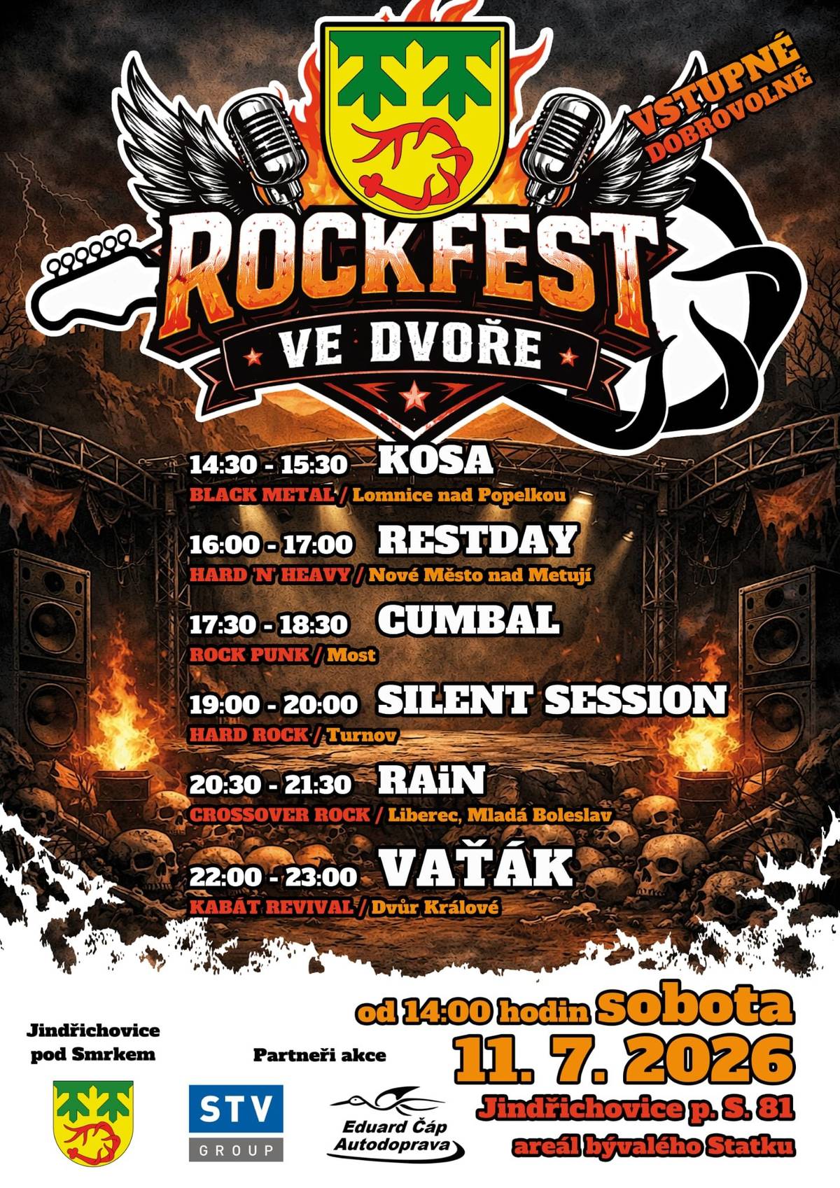 Dovolujeme si Vás pozvat na druhý ročník rockového festivalu ROCKFEST VE DVOŘE v sobotu 11. 7. 2026 v Jindřichovicích pod Smrkem ve dvoře Statku, č.p. 81! Zahrají:  14:30 - KOSA 16:00 - RESTDAY 17:30 - CUMBAL 19:00 - SILENT SESSION 20:30 - RAiN 22:00 - VAŤÁK Kabát revival  Vstupné je dobrovolné. Občerstvení na místě. Událost pořádá Rockfest ve dvoře a RAiN - kapela, ve spolupráci s Hospůdkou Na Statku a Obcí Jindřichovice pod Smrkem. Dne 11. 7. bude Hospůdka na statku z důvodu konání akce Rockfest uzavřena. Místo posezení v hospůdce vás srdečně zve jen o pár kroků vedle – na dvůr, kde se uskuteční Rockfest. Těšit se můžete na den plný skvělé hudby, příjemné atmosféry, dobrého jídla i pití. FB Rockfest ve dvoře Omlouváme se za zvýšenou hladinu hluku způsobenou konáním koncertu a děkujeme vám za pochopení a trpělivost během průběhu této akce.