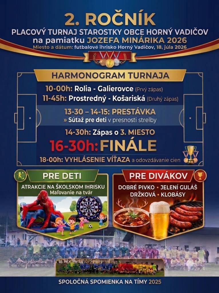 Pozývame všetkých nadšencov futbalu na Placový turnaj 18.7.2026 na Futbalovom ihrisku. Príďte povzbudiť svoju časť Vadičova - Prostredný Vadičov, Rolia, Galierovce, Košariská.