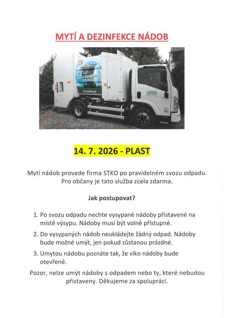 Dne 14.7.2026 provede společnost STKO mytí a dezinfekci žlutých nádob na plast.