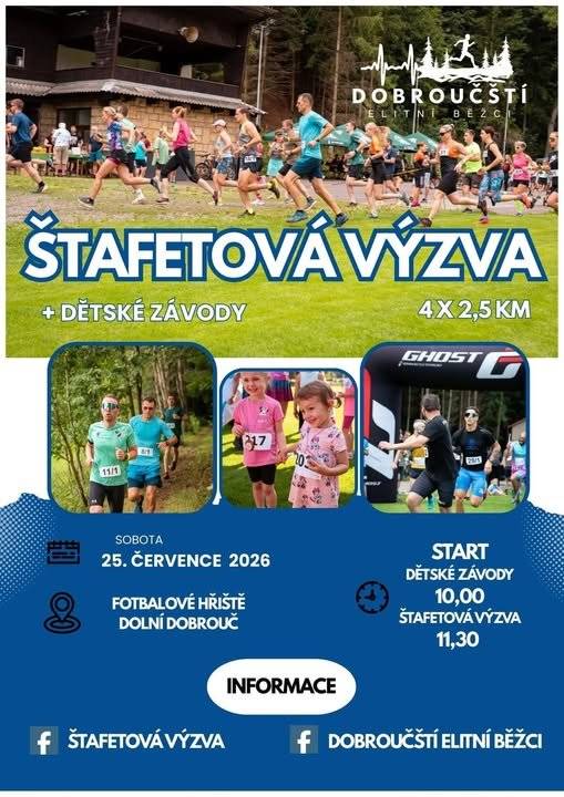 Štafetová výzva 2026, se uskuteční v sobotu 25. července 2026 od 10.00 hodin na fotbalovém hřišti v Dolní Dobrouči.  Jedná se o běžeckou akci ve formátu 4 × 2,5 km, která není o překonávání rekordů, ale především o radosti z pohybu, společném zážitku a podpoře týmového ducha. Zúčastnit se může opravdu každý – zkušení běžci, rekreační sportovci i úplní začátečníci.