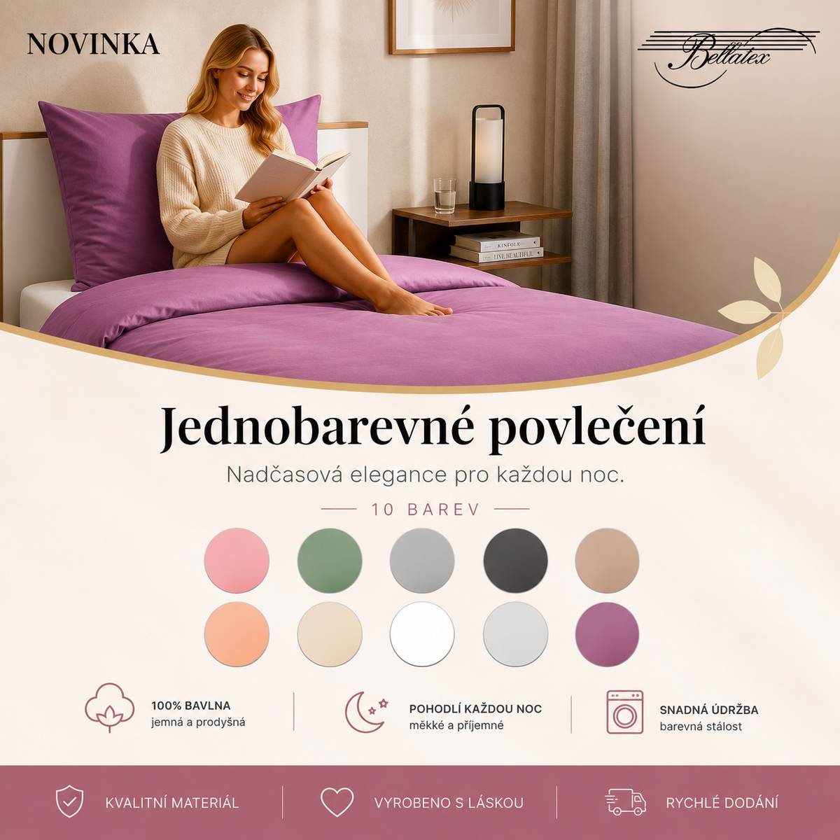 Vážení zákazníci, objevte naši novinku – jednobarevné bavlněné povlečení, které spojuje jednoduchý design s komfortem pro horké letní dny.