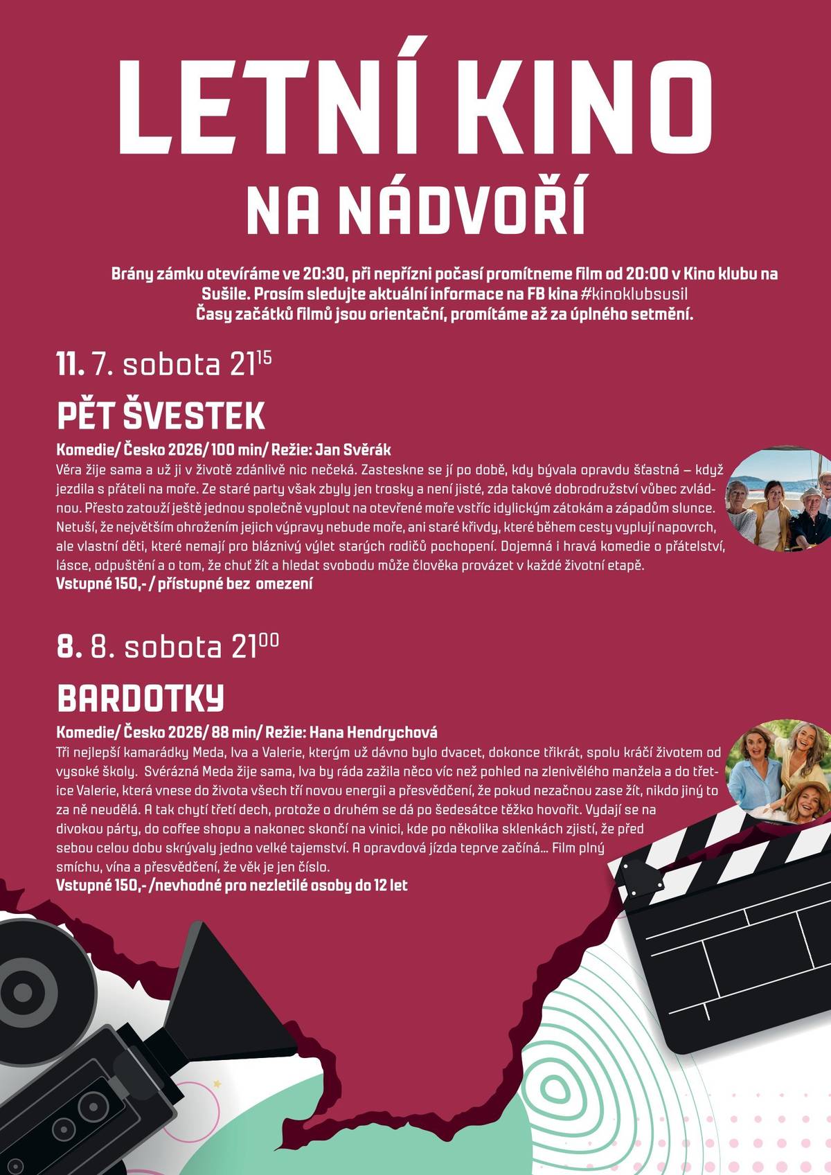 Město Bystřice pod Hostýnem zve do letního kina na nádvoří zámku. První projekce se koná v sobotu 11. 7. ve 21.15. Na programu je komedie Jana Svěráka Pět švestek. V případě nepříznivého počasí se film promítá ve 20 hodin v kinosále. Nádvoří otevřeno od 20:30. Pro aktuální informace sledujte facebookové stránky Kina Klub Sušil.
