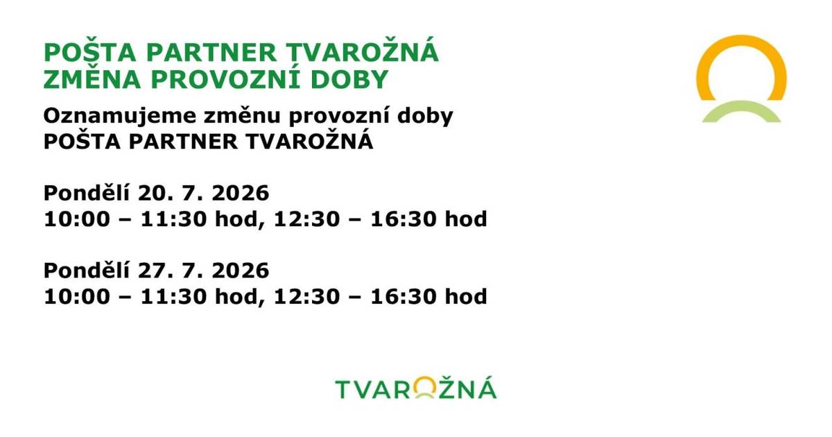 Oznamujeme změnu provozní doby pobočky POŠTA PARTNER TVAROŽNÁ.