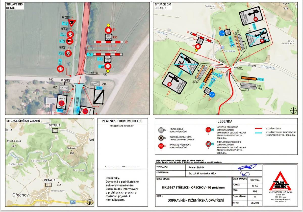 Od úterý 14.7. 2026 do čtvrtka 16.7.2026 bude úplná uzavírka silnice „III/15267 STŘELICE – OŘECHOV ( ,,Pérovka“ ) z důvodu provádění vrtů v rámci přípravy projektu opravy celé komunikace