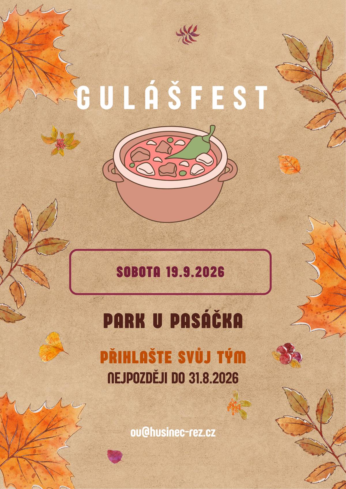 Přihlašte svůj tým do souboje o nejlepší guláš na GULÁŠFESTU 2026. přihlášky nejpozději do 31.8.2026 tým OÚ