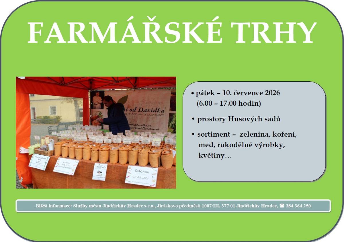 Červencové farmářské trhy proběhnou v pátek 10. 7. na Masarykově náměstí.