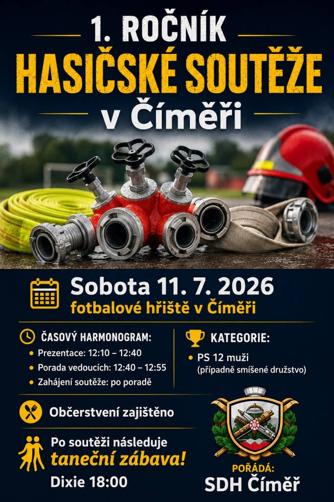 V sobotu 11. července 2026 se bude zhruba od 13:00 hod konat na fotbalovém hřišti v Číměři 1. ročník hasičské soutěže. Po soutěži bude taneční zábava. Občerstvení zajištěno :-)  Všichni jste srdečně zváni!