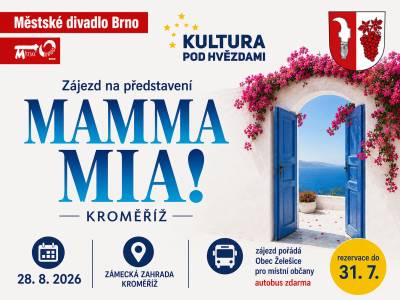 V pátek 28. srpna proběhne zájezd za Kulturou pod hvězdami do zámeckého parku v Kroměříži na představení Mamma Mia!. Autobusová doprava zajištěna zdarma. Více informací včetně rezervace vstupenek v přiloženém článku.