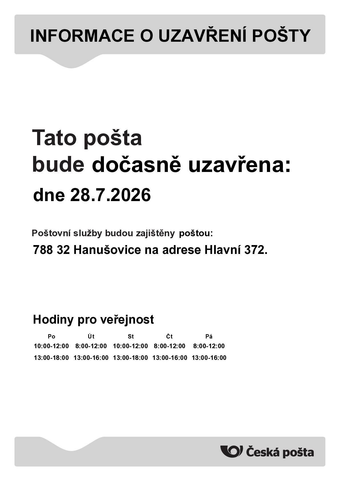 Pošta Partner oznamuje dočasné uzavření provozovny- dne 28.07.2026.