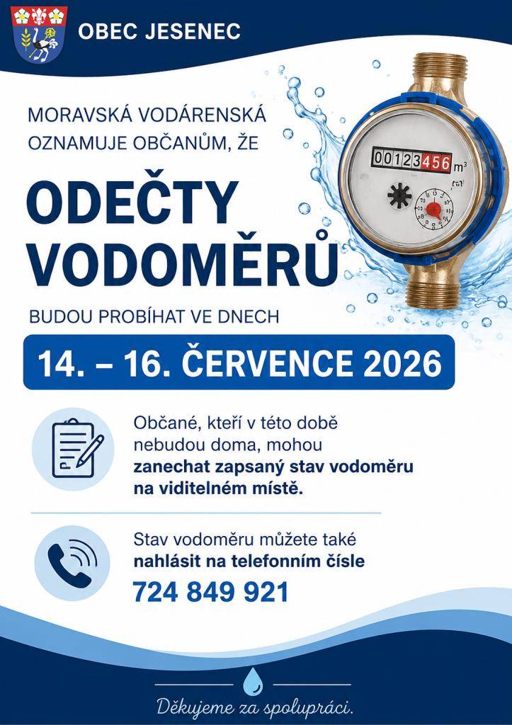 Odečet vodoměrů 14. až 16. července 2026