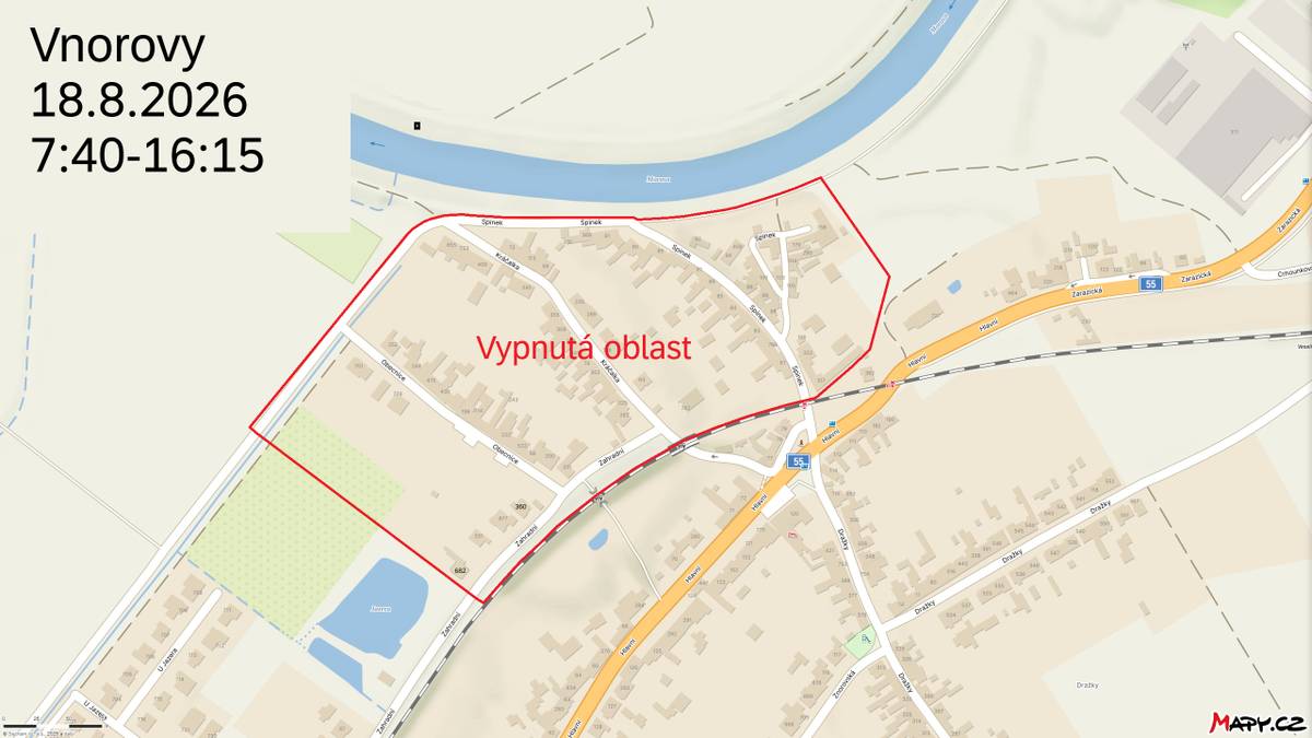 Dne:  18.08.2026 od 7:40 do 16:15    Vypnutá oblast:  Ulice Obecnice, Kráčalka, Spinek, část ulice Zahradní od č.p.360 po č.p.682