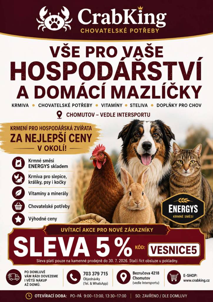 Vážení občané, prodejna chovatelských potřeb CrabKing (Bezručova 4218, Chomutov) Vám nabízí službu, která vám usnadní zajišťování chovatelských zásob. Krmné směsi značky Energys (pro nosnice, králíky, brojlery) Vám po předchozí domluvě dovezou až domů.