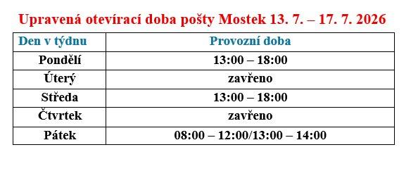 Pobočka České pošty v Mostku oznamuje, že bude z technických důvodů v týdnu 13.7. - 17.7. dočasná změna provozní doby.