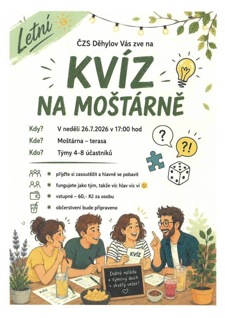 Český zahrádkářský svaz Vás zve na Letní kvíz na Moštárně. Přijďte se pobavit a zasoutěžit si.