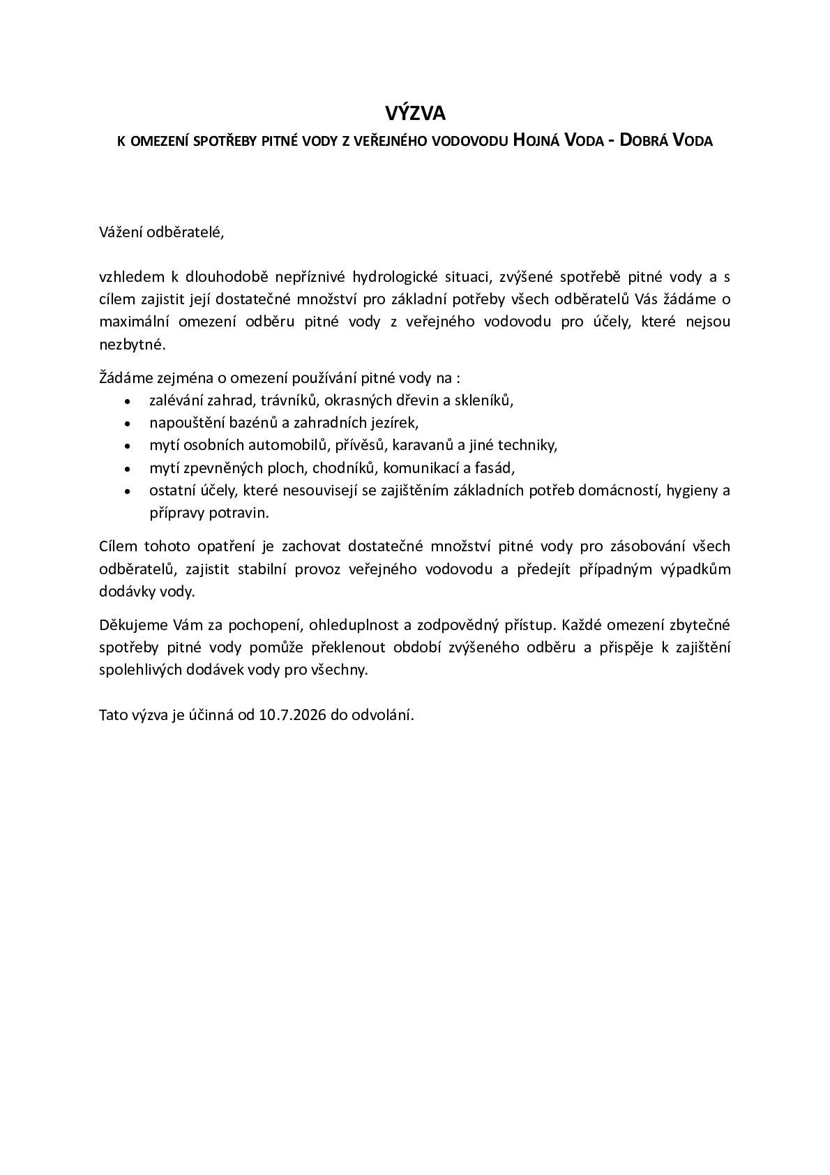Výzva k omezení spotřeby pitné vody z veřejného vodovodu Hojná Voda - Dobrá Voda.