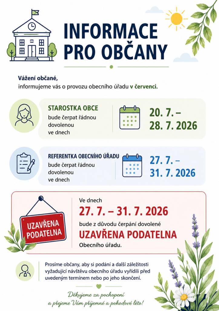 Dovolujeme si upozornit na omezení úřadu z důvodu čerpání dovolených.