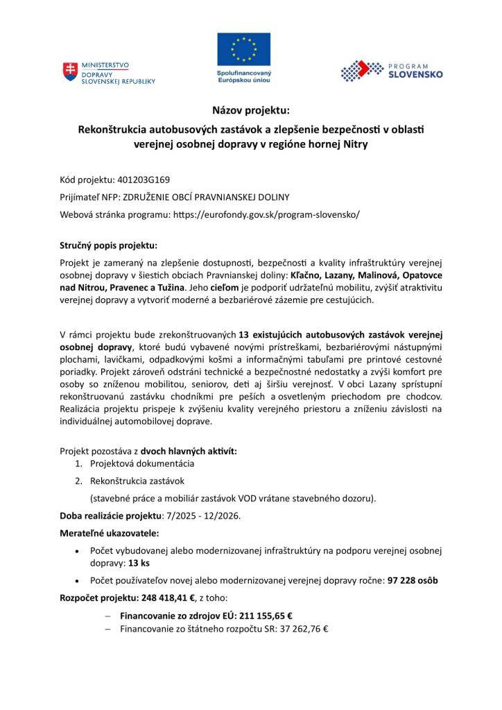 Kód projektu: 401203G169  Prijímateľ NFP: ZDRUŽENIE OBCÍ PRAVNIANSKEJ DOLINY
