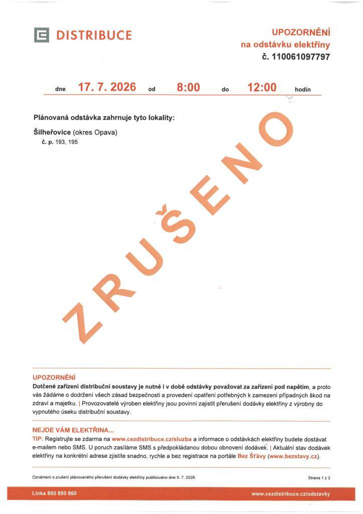 Plánovaná odstávka elektrické energie, která měla být v části Paseky dne 17. 7. 2026 je ZRUŠENA