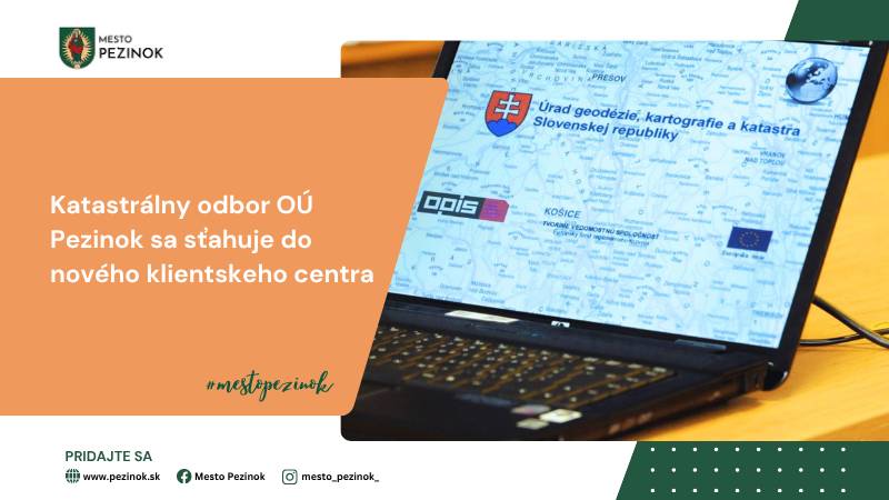 Ministerstvo vnútra SR informuje, že Katastrálny odbor Okresného úradu Pezinok sa sťahuje do priestorov nového klientskeho centra.       Od pondelka 13. júla do piatka 17. júla 2026 bude prebiehať sťahovanie odboru katastra z pôvodného pracoviska na Radničnom námestí 7. V uvedených dňoch nebudú pracoviská odboru katastra k dispozícii pre verejnosť a nebudú poskytované služby počas stránkových hodín.       📍Od pondelka 20. júla 2026 bude Katastrálny odbor OÚ Pezinok poskytovať služby v riadnom režime v novom klientskom centre Okresného úradu Pezinok na adrese: Holubyho 7, Pezinok       Ministerstvo vnútra SR sa ospravedlňuje za prípadné komplikácie a ďakuje verejnosti za pochopenie.