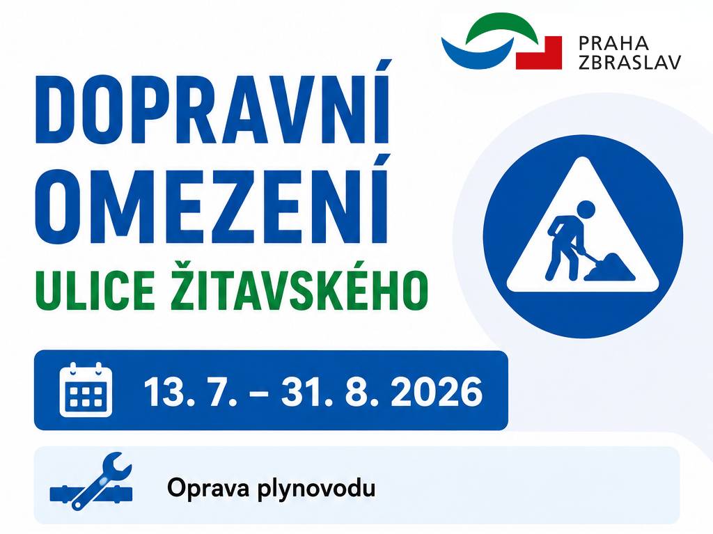 Z důvodu opravy plynovodního potrubí bude od pondělí 13. července do konce srpna omezen provoz v ulici Žitavského. V úseku mezi ulicemi Boženy Stárkové a U Klubovny bude ulice Žitavského dočasně jednosměrná ve směru ke Zbraslavskému náměstí. Objízdná trasa povede ulicí K Přehradám.  Ve směru od Zbraslavského náměstí směrem do Záběhlic využijte objížďku ulicí K Přehradám. Dočasně se mění trasy linek MHD.  Informace včetně najdete na radničním webu: https://www.mc-zbraslav.cz/dopravni-omezeni-v-ulici-zitavskeho-kvuli-oprave-plynovodu/d-18566