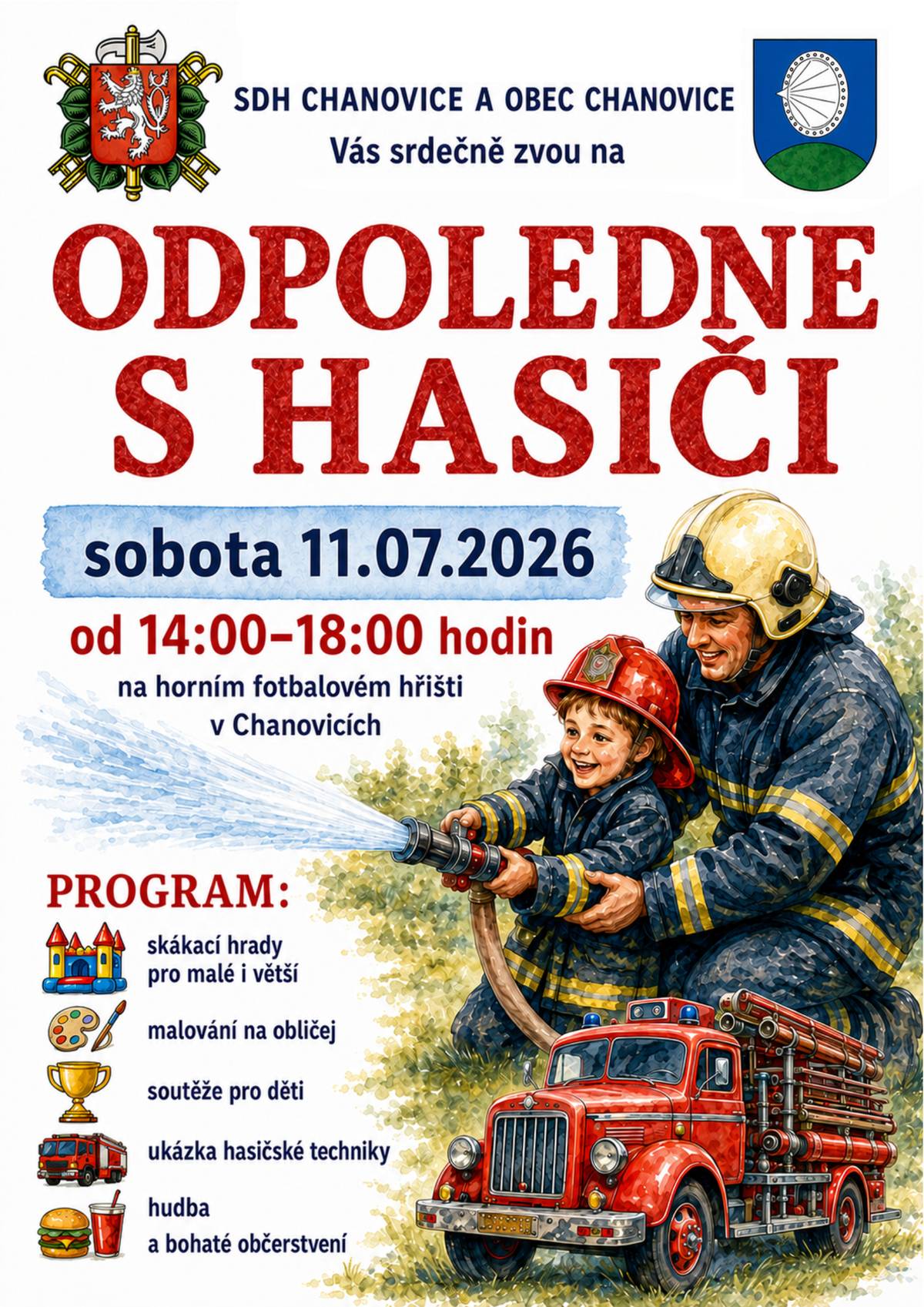 Dobrý den,  zítra, tedy v sobotu 11.7.2026, se od 14:00 hodin koná v chanovickém sportovním areálu Odpoledne s hasiči. SDH Chanovice a Obec Chanovice Vás srdečně zvou! Připomínám, že nedělní koncert byl pro nemoc zrušen. S přáním pěkného víkendu,  Vaše Obec Chanovice. Ondřej Klásek