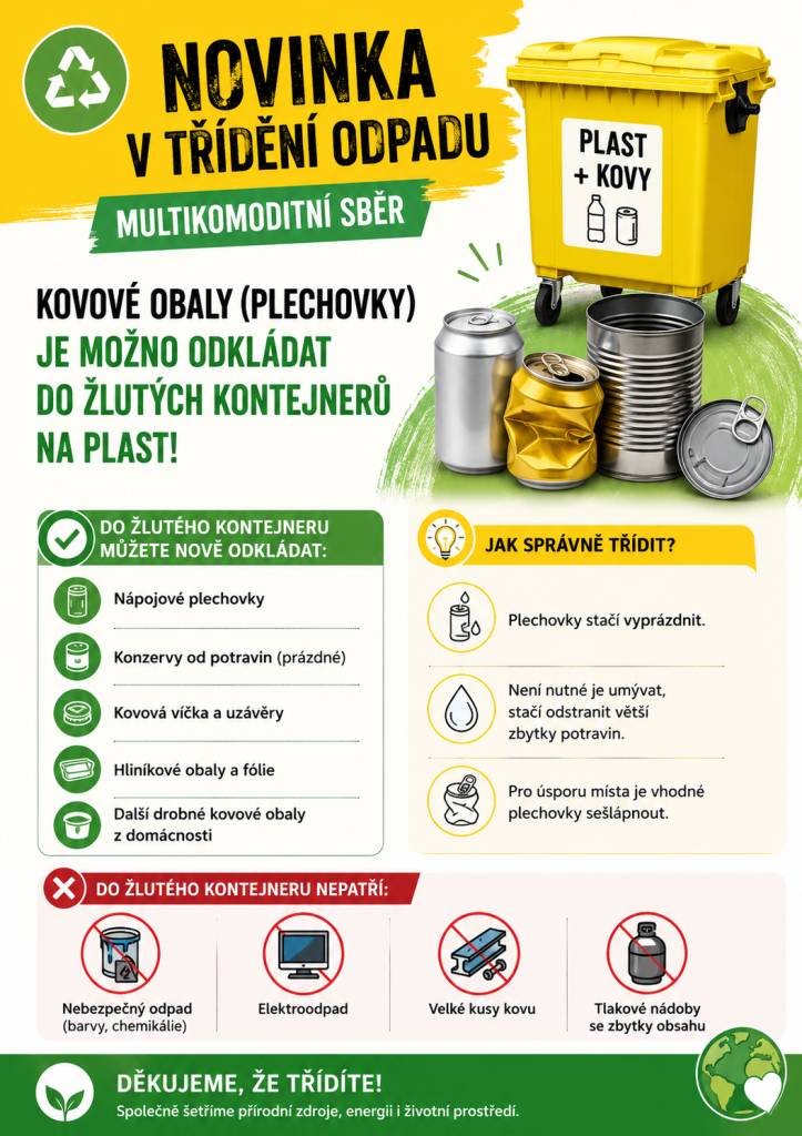 Nově do žlutých popelnic můžeme kromě plastů a tetrapaků třídit i plechovky.