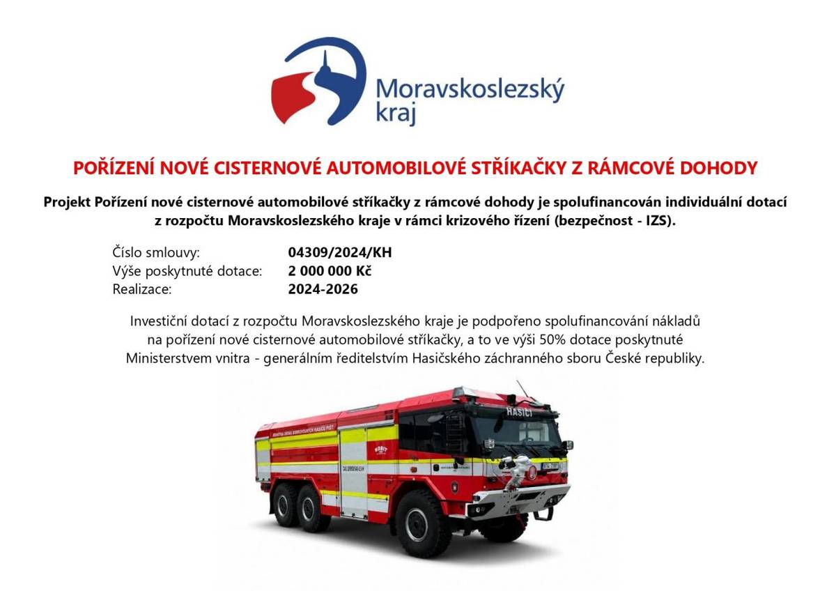 Projekt Pořízení nové cisternové automobilové stříkačky pro JSDH Píšť z rámcové dohody je spolufinancován individuální dotací z rozpočtu Moravskoslezského kraje v rámci krizového řízení.