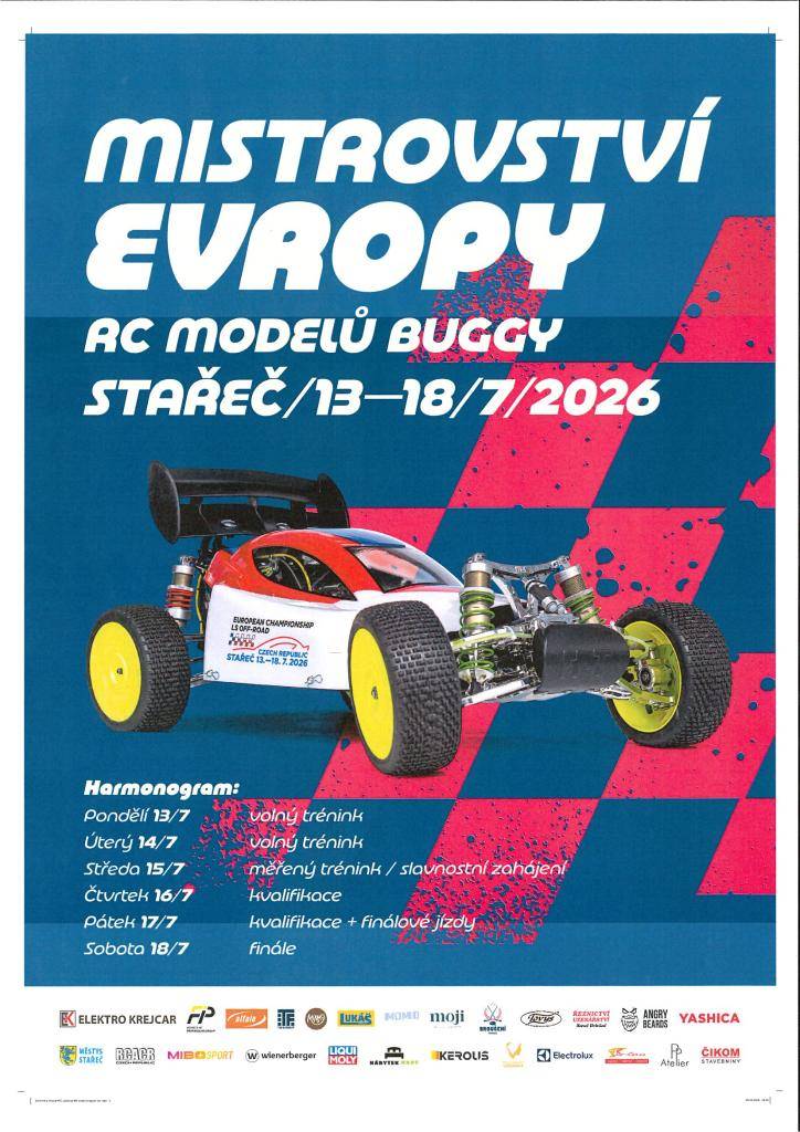 Od 13. do 18. 7.2026 se ve Starči, v areálu RC Autoklubu Stařeč, Pikharta 562 uskuteční Mistrovství Evropy RC modelů buggy.