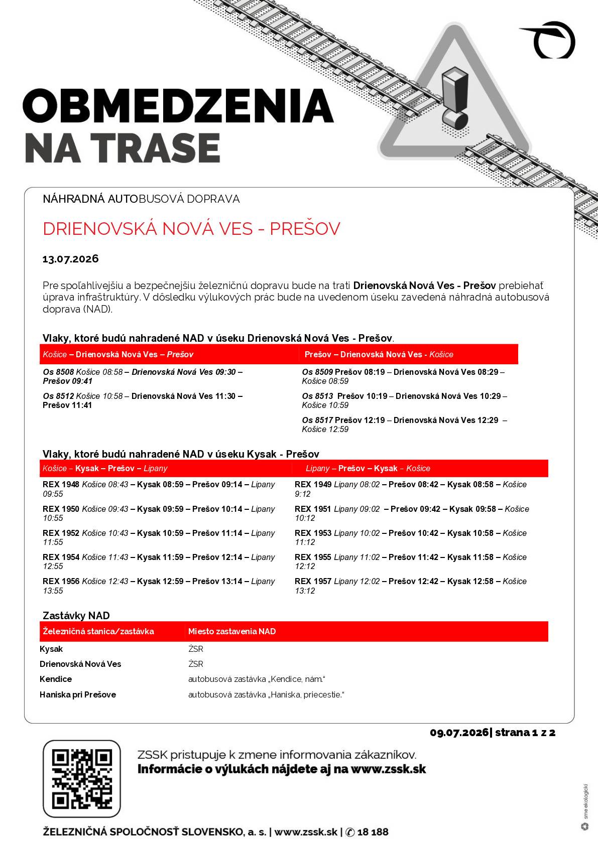 Oznámenie o výlukách:  Drienovská Nová Ves - Prešov  Kysak - Drienovská Nová Ves