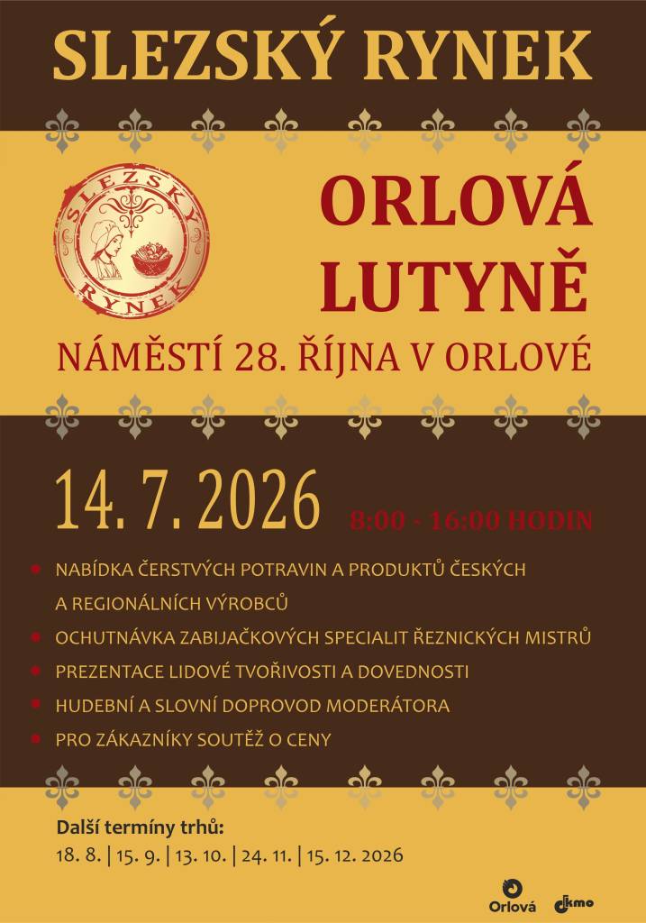 Spolek českých výrobců a zemědělců zve veřejnost na další Slezský rynek. Koná se v úterý 17. července. Stánky se otevřou v 8 hodin a prodej probíhá do 16 hodin. Přijďte si vybrat z nabídky čerstvých potravin a produktů regionálních výrobců, ochutnat zabijačkové speciality řeznických mistrů nebo si udělat radost poctivým rukodě...