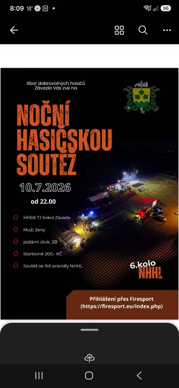 Sbor dobrovolných hasičů Závada Vás zve na noční hasičskou soutěž 10.7.2026 od 22.00 hodin na hřišti TJ Sokol Závada.