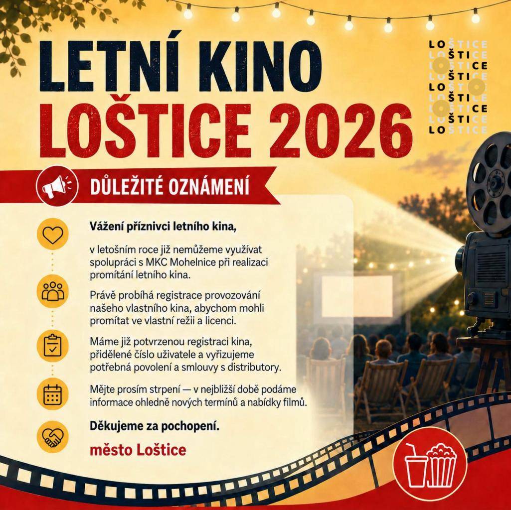 Vážení příznivci letního kina, informujeme vás o změnách v organizaci promítání. V tomto roce už nebudeme moci využívat spolupráci s MKC Mohelnice a pracujeme na registraci našeho vlastního kina. Získali jsme potřebná povolení a těšíme se na novou etapu promítání filmů.
