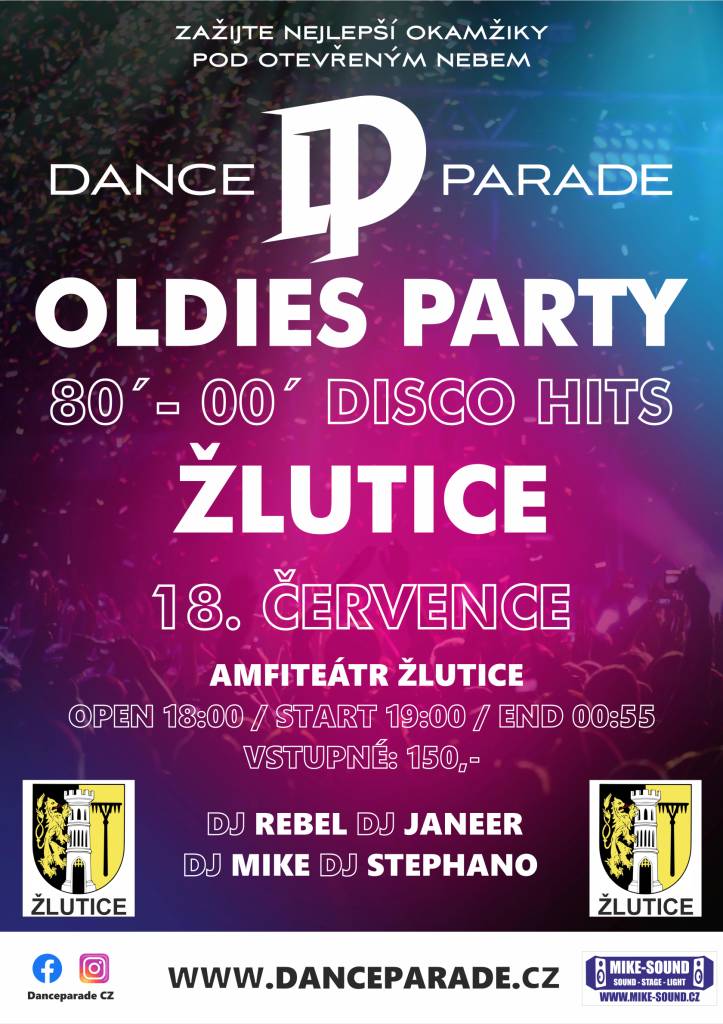 V sobotu 18. července od 19 hodin ožije amfiteátr ve Žluticích těmi nejlepšími hity 80. a 90. let i disco klasikami. O skvělou atmosféru se postarají DJs Rebel, Janeer, Mike a Stephano. Těšit se můžete na osvěžující míchané koktejly, grilované speciality, a samozřejmě na skvělou letní zábavu pod širým nebem. Areál se otevírá v 18.00 hodin, hudební program začíná v 19.00 hodin. Vstupné je 150 Kč. Přijďte si zatančit, zavzpomínat na největší hity minulých desetiletí a užít si letní večer plný hudby, dobré nálady a zábavy. Těšíme se na vás v amfiteátru ve Žluticích!