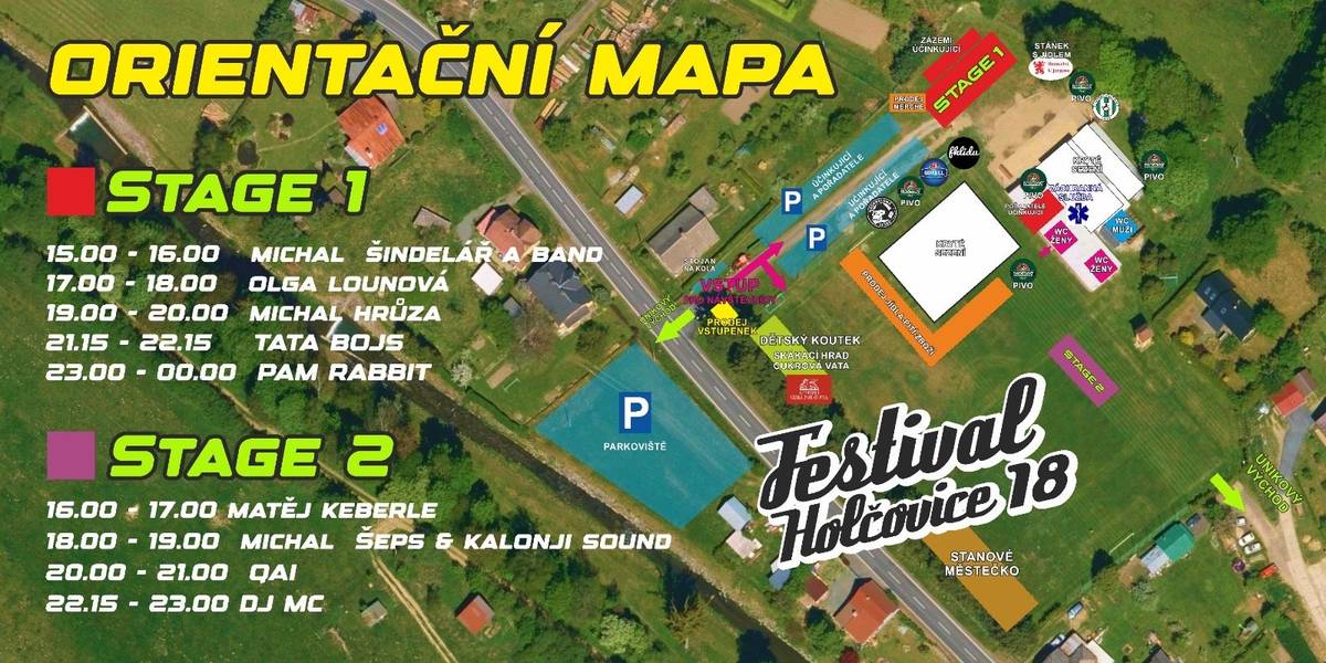 Letošní 18. ročník Festival Holčovice se blíží a i letos jsme pro návštěvníky připravili orientační mapu festivalového areálu. Důležité informace: 1. 🅿️Parkování vozidel pro návštěvníky festivalu je zajištěno na 2️⃣ záchytných parkovištích. Na parkoviště Vás budou směřovat dopravní značky, řazení vozidel na parkovišti bude řízeno pořadatelskou službou. 2. Vstup do areálu pouze hlavním vchodem z hlavní silnice.❗Dbejte prosím zvýšené opatrnosti při pohybu na silnici z důvodu zvýšeného silničního provozu❗ 3. V areálu bude k dispozici dostatečné množství stánků s jídlem (grilované maso a klobásy🥩, langoše, domácí hranolky🍟 a chipsy, kávové speciality☕, sýrové speciality🧀, sladké dobroty🍰), které zajišťují externí prodejci. 4. 🍺Pro zahnání žízně najdete v areálu celkem 5 obecních stánků s čepovaným pivem Radegast 10°, Radegast 12°, Birell Pomelo Grep, nealko Birell a stánek Nachmelené Opice 🍺🐵. Platba kartou💳 bude k dispozici v obecních stáncích s prodejem Radegast 10° a 12° a Birell, které se nacházejí na fotbalovém hřišti. 5. K dispozici budou i oblíbené stánky s míchanými drinky🍸 6. 🧒Pro děti je připraven ZDARMA dětský koutek, malování na obličej a skákací hrad s cukrovou vatou🍭, který bude v provozu od 15:00 do 19:00. Děkujeme Generali Česká pojišťovna za poskytnutí tohoto daru. Orientační mapa bude umístěna i v areálu festivalu. ☀️Počasí má být zítra festivalové, tak přijďte si užít hudební a pohodovou sobotu do Holčovic na 18. ročník Festival Holčovice. 💚Obec Holčovice se bude zítra na všechny těšit💚