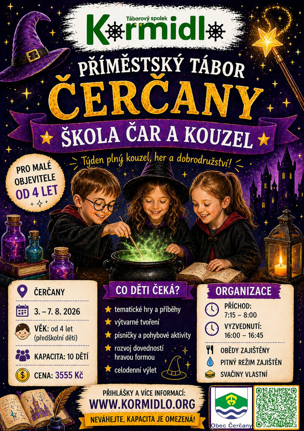 Srdečně zveme vaše malé i velké dobrodruhy na příměstský tábor v Čerčanech v týdnu 3. – 7. 8. 2026. Mnoha lety ověřená akce s pestrým programem a skvělým týmem průvodců nabízí volná místa. Zázemí poskytuje TJ Slavoj a Dráče Čerčany, akci pořádá Táborový spolek Mnichovice, letos zahajujeme 22. táborovou sezónu. Přihlášku i podrobné informace najdete na: https://www.kormidlo.org/primestske-tabory-cercany/