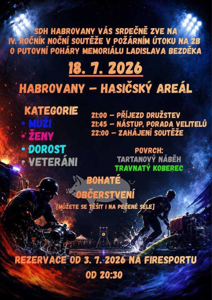 SDH Habrovany Vás srdečně zve na IV. ročník noční soutěže v požárním útoku na 2B o putovní poháry Memoriálu Ladislava Bezděka