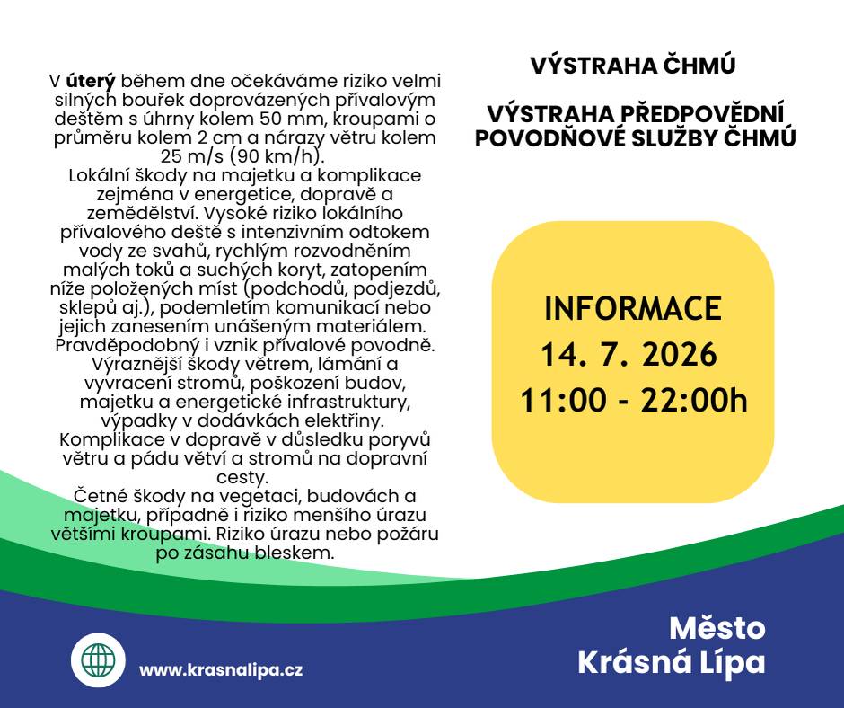 Na zítra meteorologové vydali varování před velmi silnými bouřkami. Aktuální situaci a další informace najdete na webu Českého hydrometeorologického ústavu https://www.chmi.cz