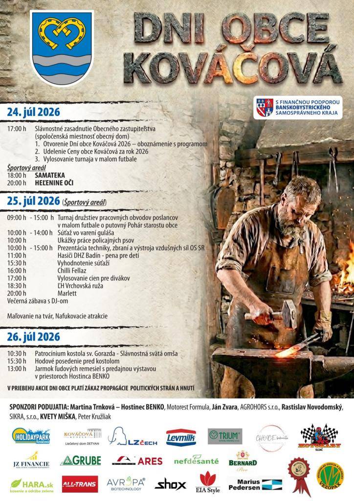 Obec Kováčová pozýva na Dni obce Kováčová. Program v prílohe.